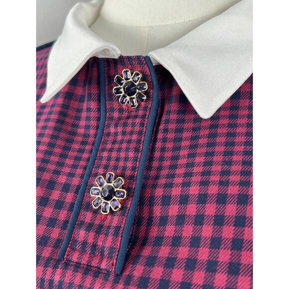 HOUNDSTOOTH MINI DRESS in Navy Burgundy Pleated Drop Waist (Womens: 6-8) - Picture 8 of 16